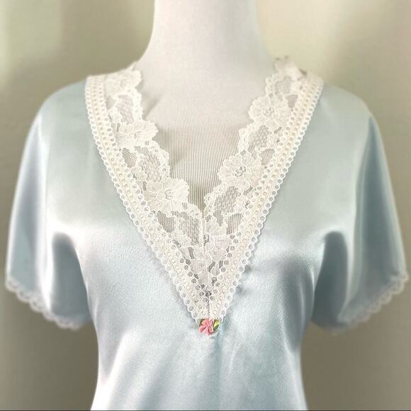 Vintage Honors Intimate Nightgown Satin Aqua Blue Sheer Lace Medium/Large - Picture 13 of 15